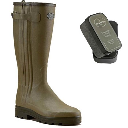 Pack Botas Hombre Le Chameau Doublées De Néoprène + Eponge Entretien Offerte - Verde Vierzon