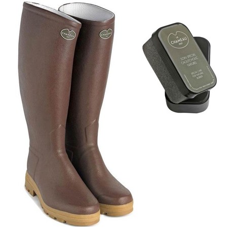 Pack Botas Homem Le Chameau Saint Hubert + Éponge Entretien Offerte - Marrom